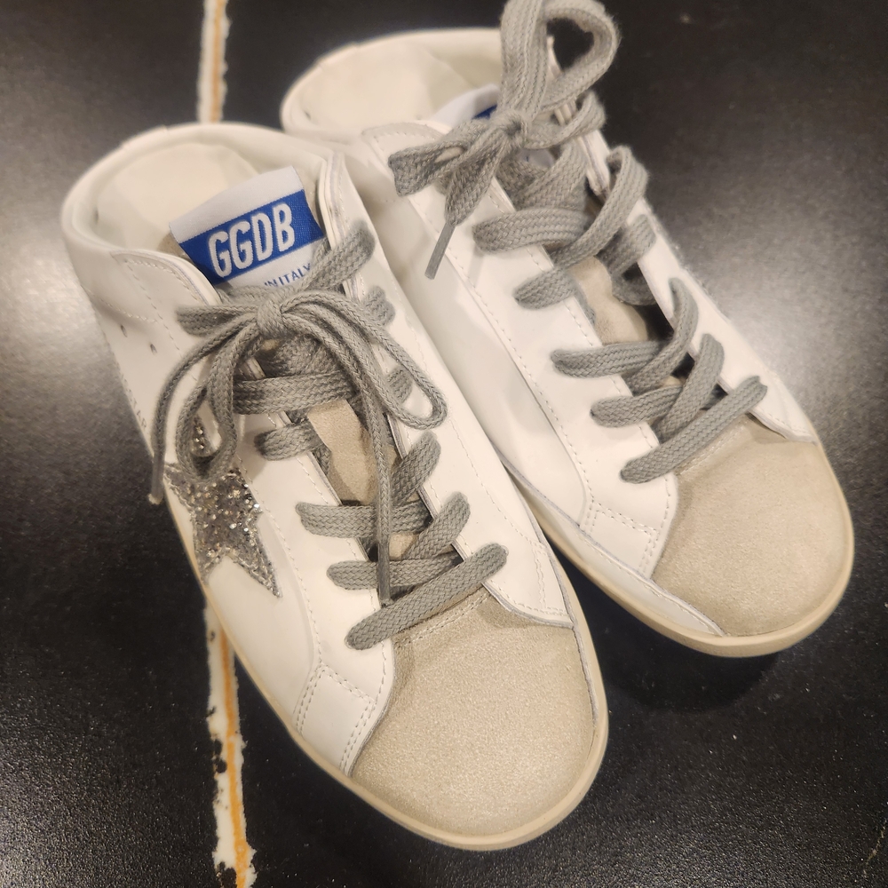 White and Gray Leather Star Slip On Sneakers